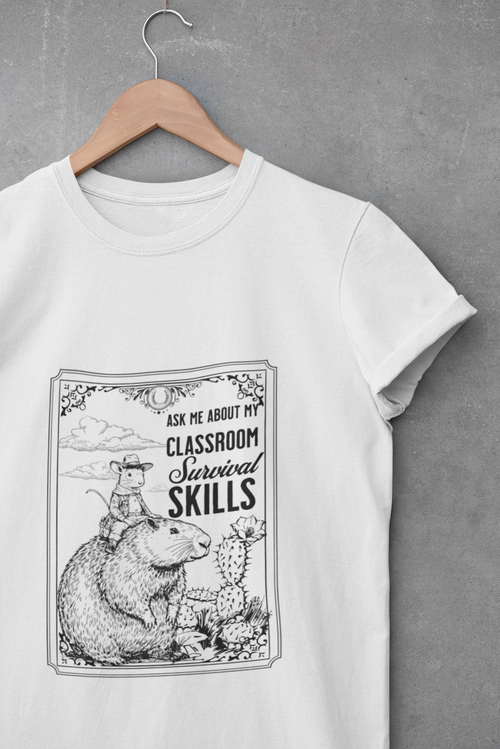 Ask Me About My Classroom Survival Skills Shirt - Funny Western Teacher Tee with Capybara, Cactus Classroom Shirt