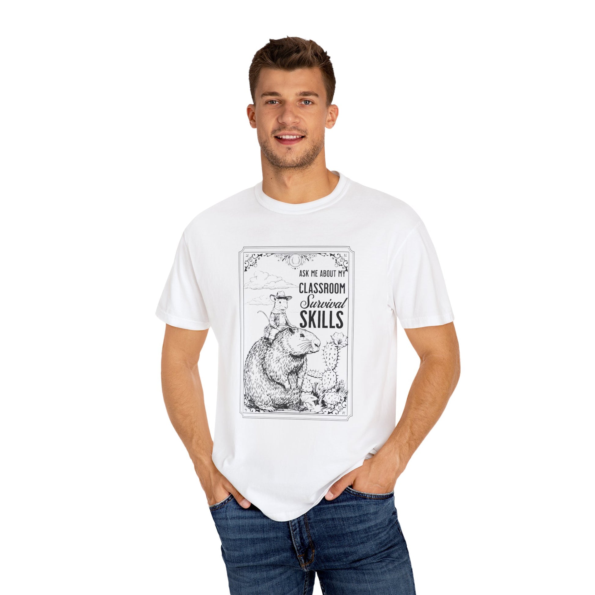 Ask Me About My Classroom Survival Skills Shirt - Funny Western Teacher Tee with Capybara, Cactus Classroom Shirt